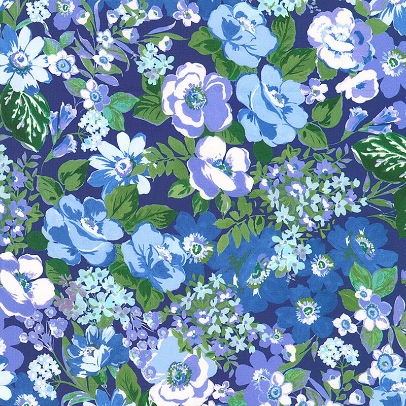 Indigo fabric with packed and stylized periwinkle, denim, and light blue flowers and green leaves in flat colors. 