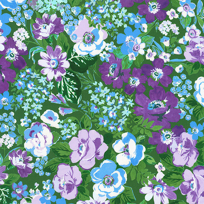 Green fabric with packed and stylized purple and blue flowers and green leaves in flat colors. 