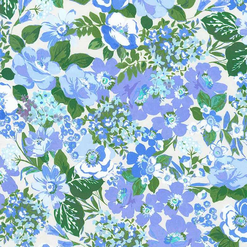 White fabric with packed and stylized periwinkle flowers and green leaves in flat colors. 