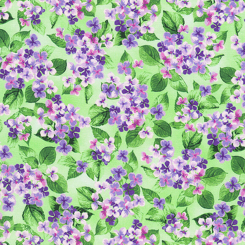 Light green fabric with clusters of magenta and purple hydrangea flowers and green leaves.