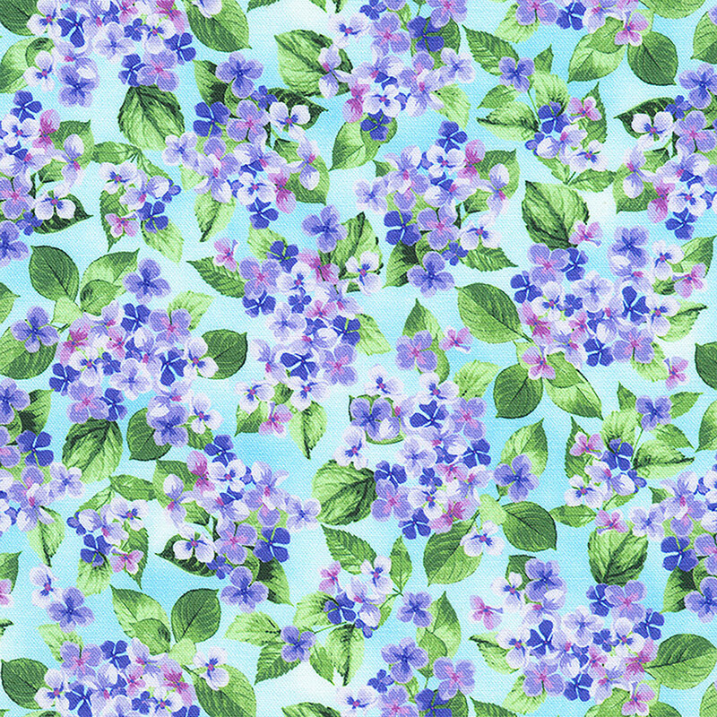 Light sky blue fabric with clusters of lavender and magenta hydrangea flowers and green leaves.