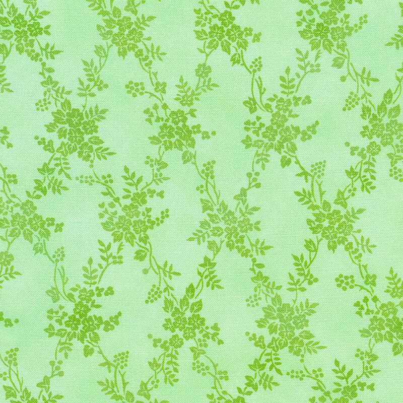 A mint green fabric with a lime green lattice pattern of flowers, leaves, and clusters of berries.