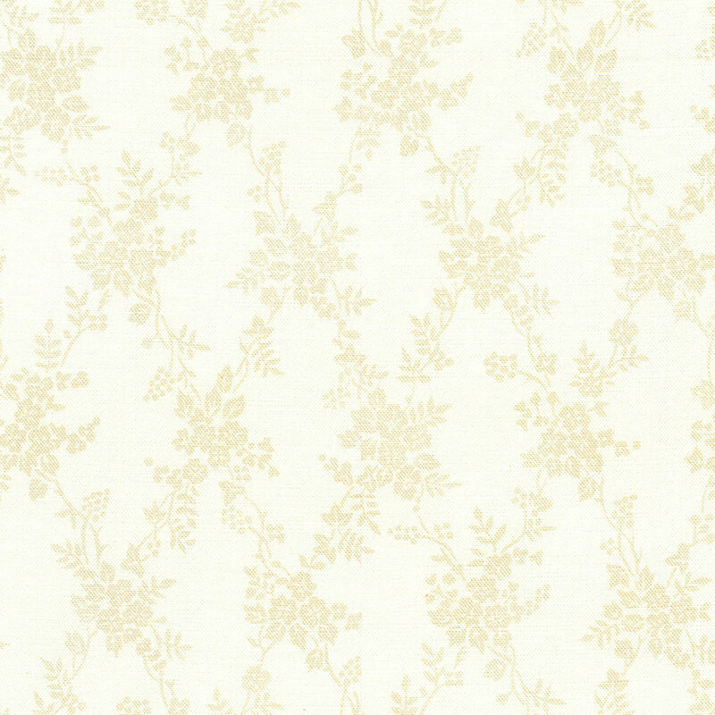 An ecru fabric with a tonal cream lattice pattern of flowers, leaves, and clusters of berries.