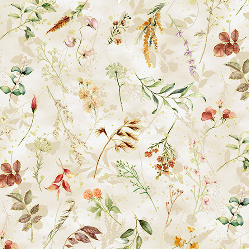 Cream fabric with various sprigs and flowers on a shadowed background.