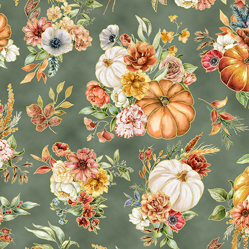 Fabric featuring various flowers and pumpkins in warm tones on a gray-green background.