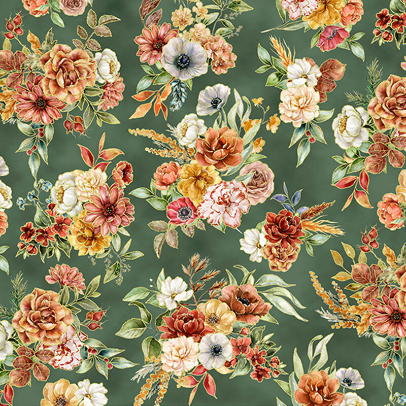 Fabric in a pattern of colorful flowers, including roses and anemones, on a sage green background.