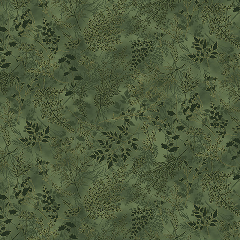 Green fabric with delicate, tonal sprigs and leaves.