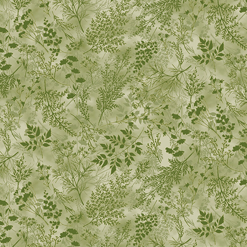 Olive green fabric with delicate, tonal sprigs and leaves.