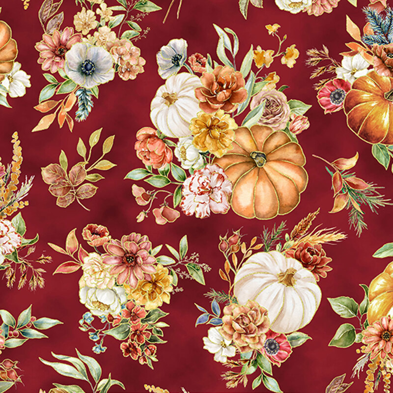 Fabric featuring various flowers and pumpkins in warm tones on a maroon background.