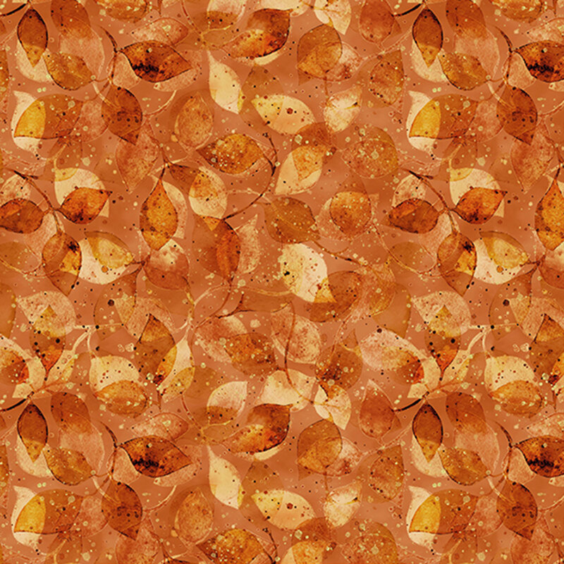 Watercolor leaves in warm tones on an orange background.