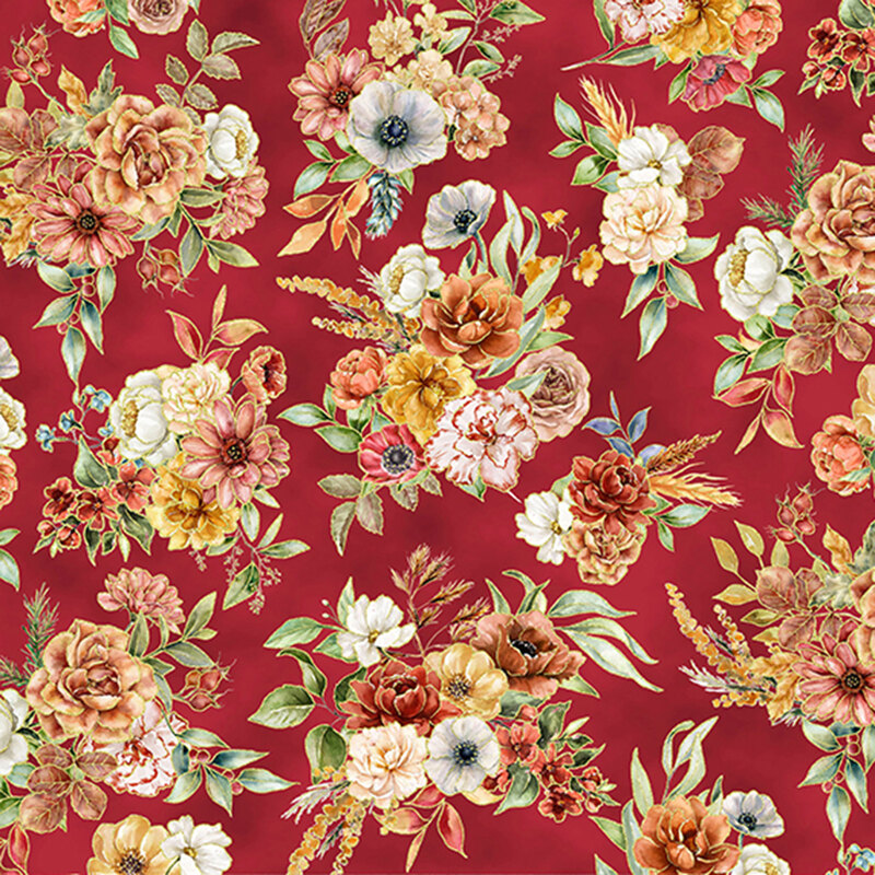 Fabric in a pattern of colorful flowers, including roses and anemones, on a cranberry red background.