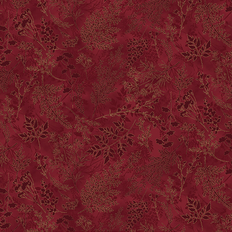 Maroon fabric with delicate, tonal sprigs and leaves.