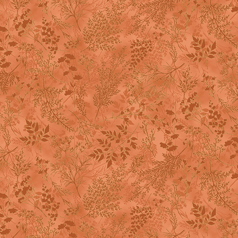 Orange fabric with delicate, tonal sprigs and leaves.