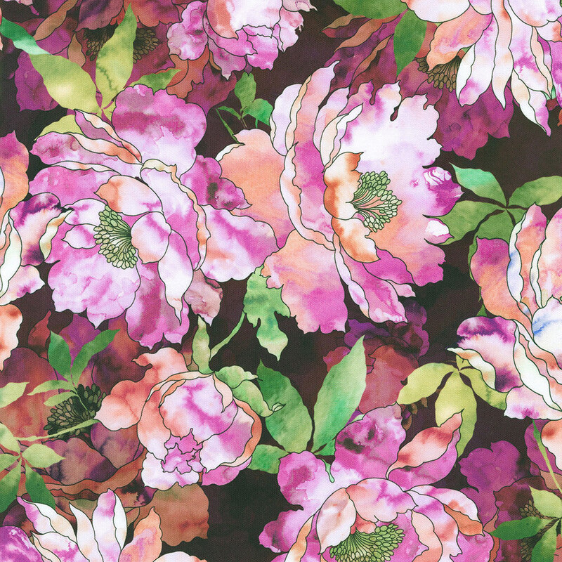 Fabric with large pink watercolor flowers on a dark plum background.