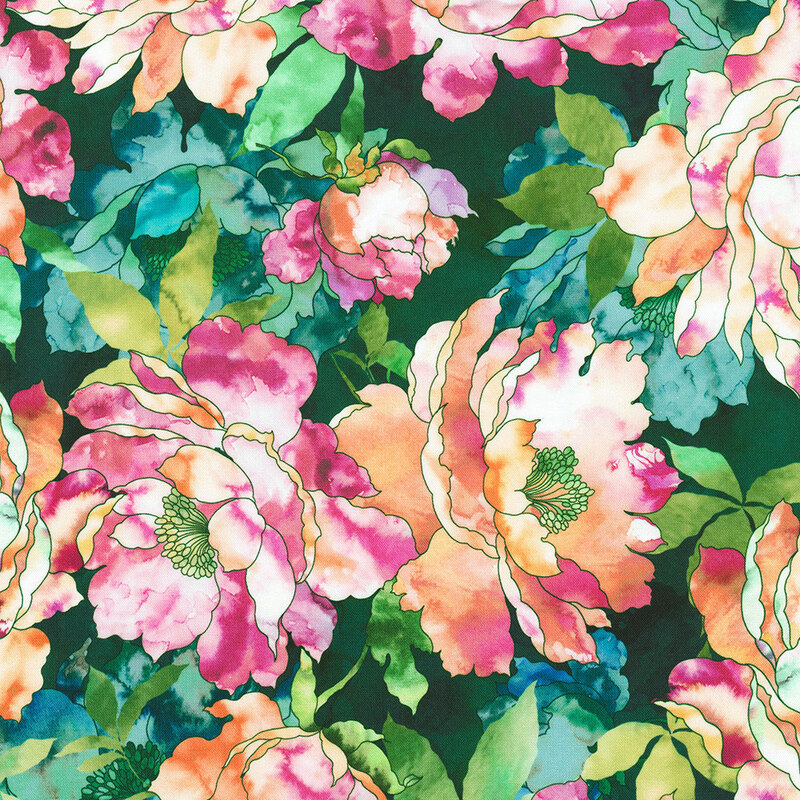 Fabric with large pink and orange watercolor flowers on a dark cypress green background.