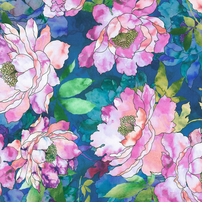 Fabric with large pink and peach watercolor flowers on a dark blue background.