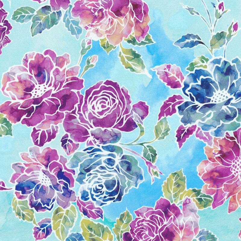 Mottled aqua fabric with watercolor roses in blue and purple.