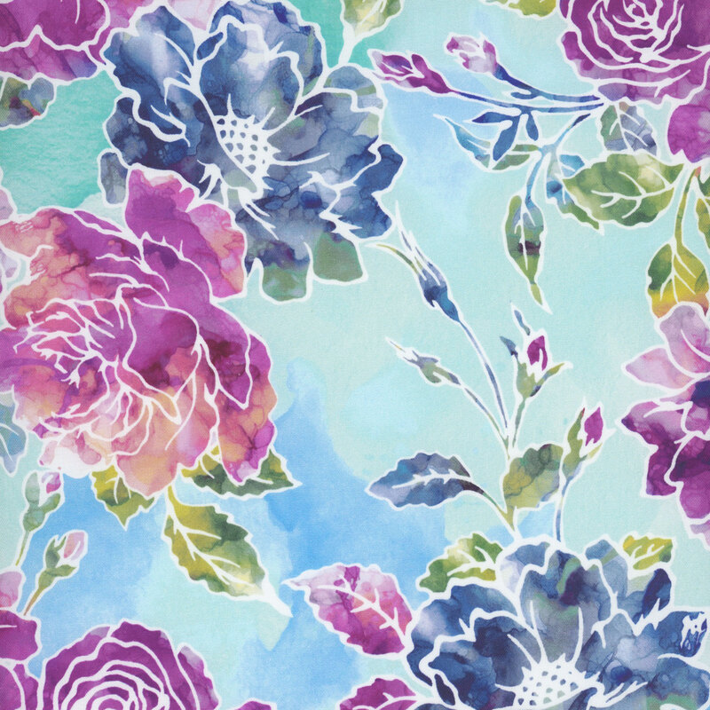 Mottled aqua fabric with watercolor roses in blue and purple.