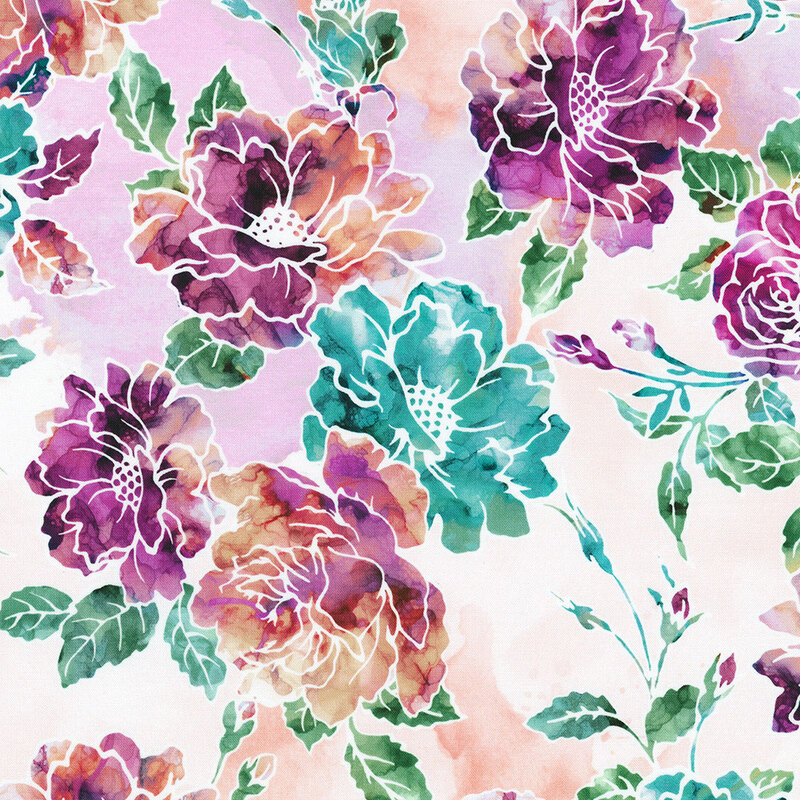 Mottled pink fabric with watercolor roses in teal, peach, and purple.