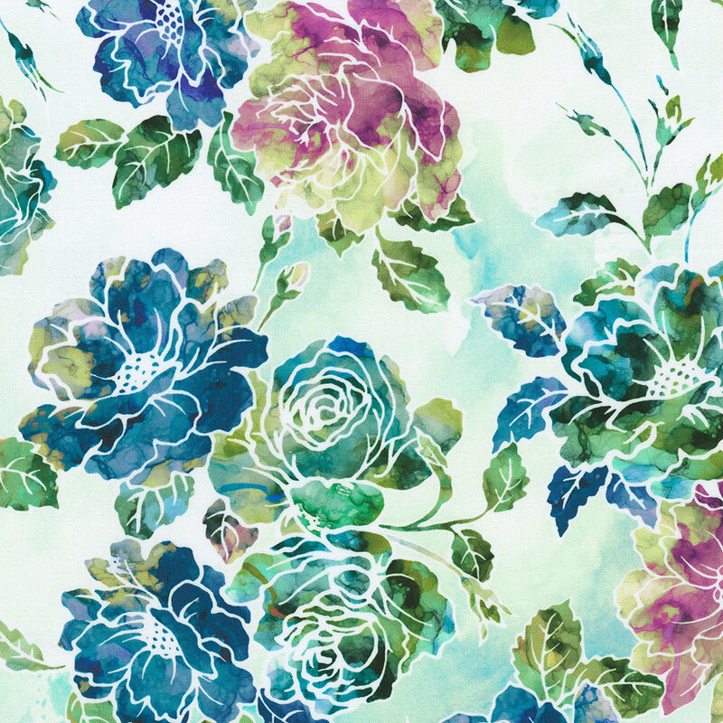 Mottled aqua fabric with watercolor roses in navy, green, and purple.