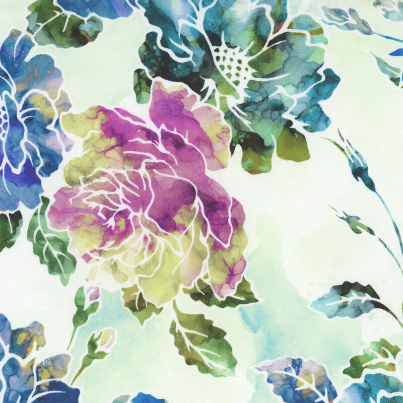 Mottled aqua fabric with watercolor roses in navy, green, and purple.