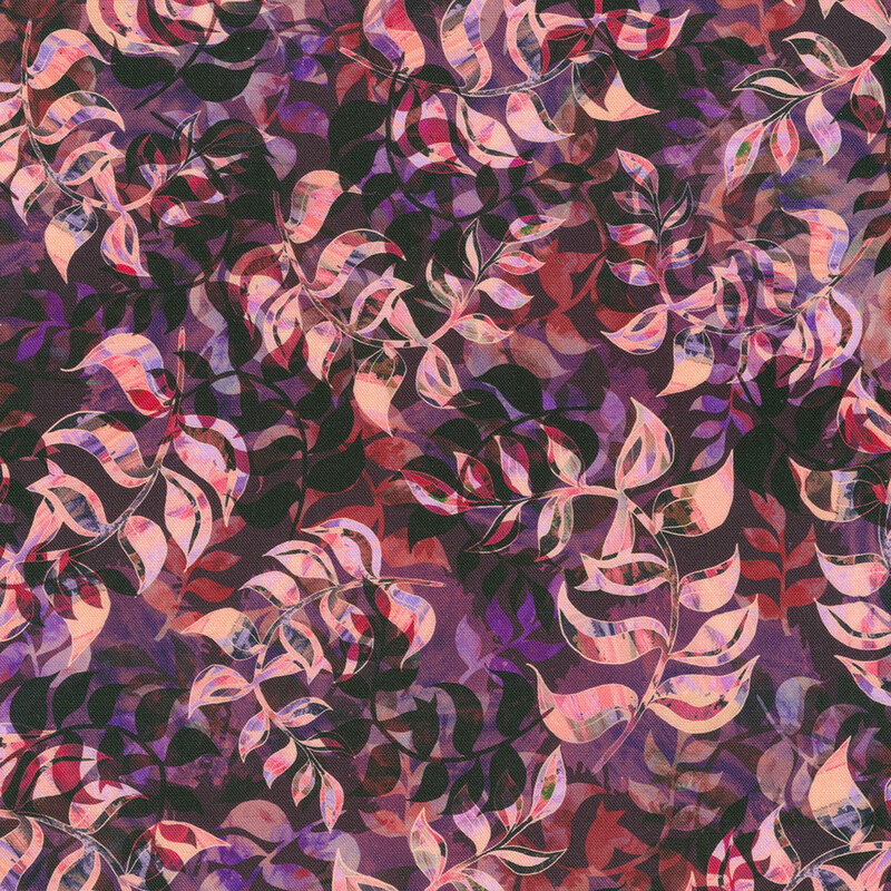 Fabric with colorful leaves in overlapping abstract patterns on a dark plum background.