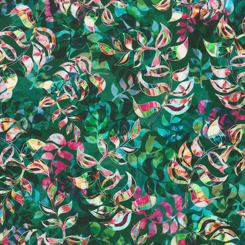 Fabric with colorful leaves in overlapping abstract patterns on a cypress green background.