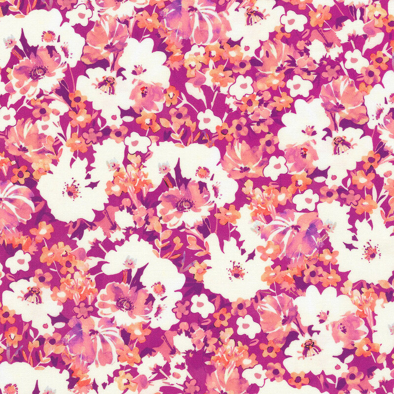 Fabric with a vibrant floral pattern featuring pink, orange, and white flowers on a bright magenta background.