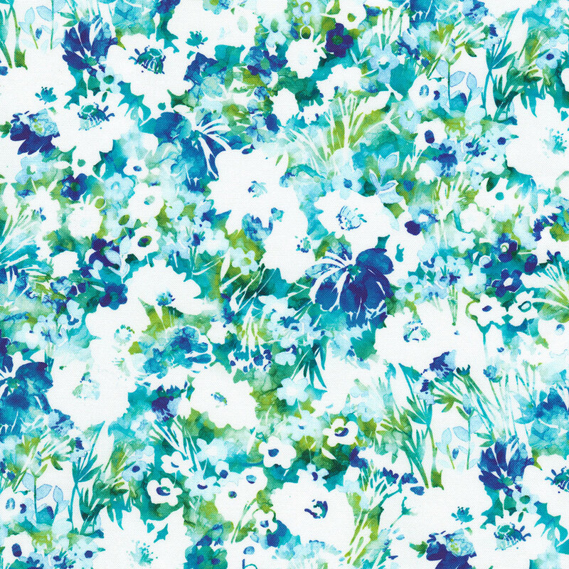 Fabric with a vibrant floral pattern featuring blue, green, and white flowers on a bright teal background.