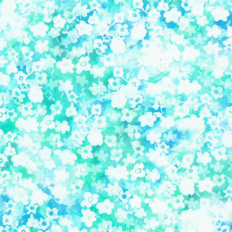 Fabric with a soft, abstract pattern of light blue and aqua flowers on a watery background.