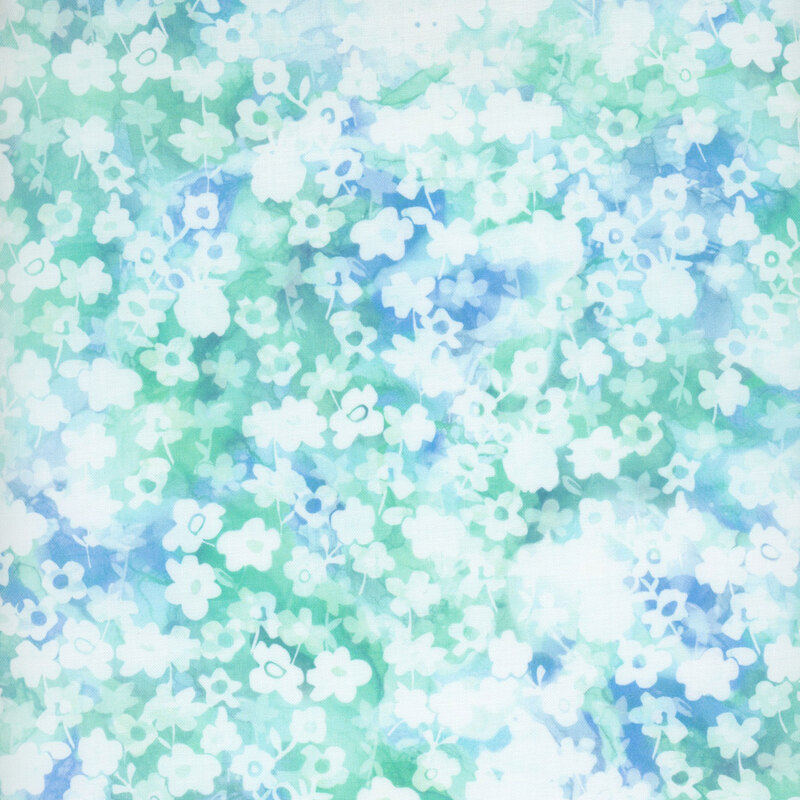 Fabric with a soft, abstract pattern of light blue and aqua flowers on a watery background.