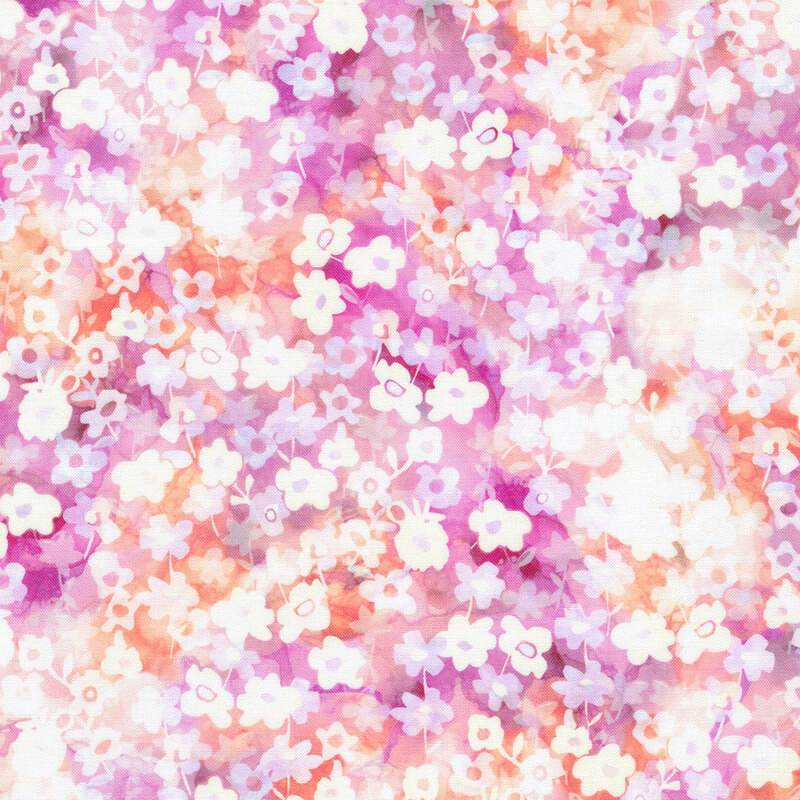 Fabric with a soft, abstract pattern of light magenta and peach flowers on a watery background.