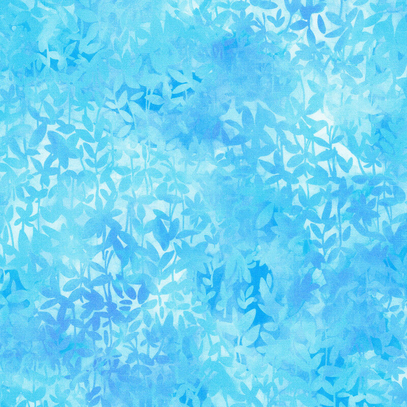 Fabric with a vibrant sky blue background filled with overlapping leafy patterns in various shades of aqua and blue.