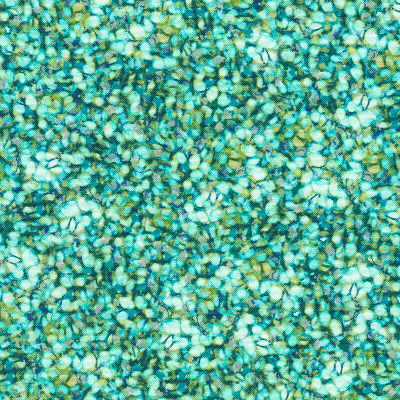 Fabric with an abstract pattern of teal and green flower petals with a speckled texture.