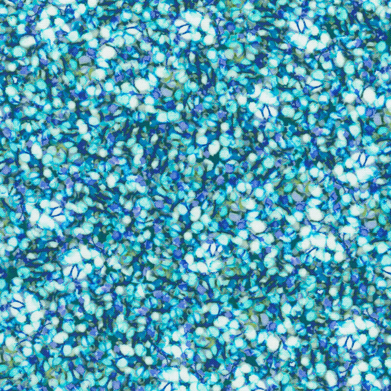 Fabric with an abstract pattern of blue and aqua flower petals with a speckled texture.