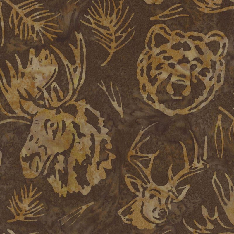 Pattern of light brown silhouettes of forest animal heads included elk, deer, and bears, on a textured earthy brown background.