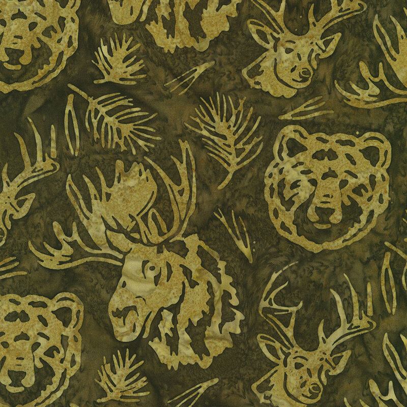 A textured green background featuring yellow silhouettes of a moose, bear, deer, and pine branches.