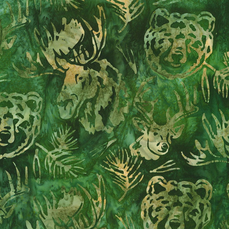 Green pattern featuring stylized animal faces, including bears, moose, and deer, amidst foliage.