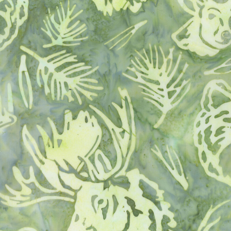 Pattern of light green silhouettes of forest animal heads included elk, deer, and bears, on a textured earthy teal green background.