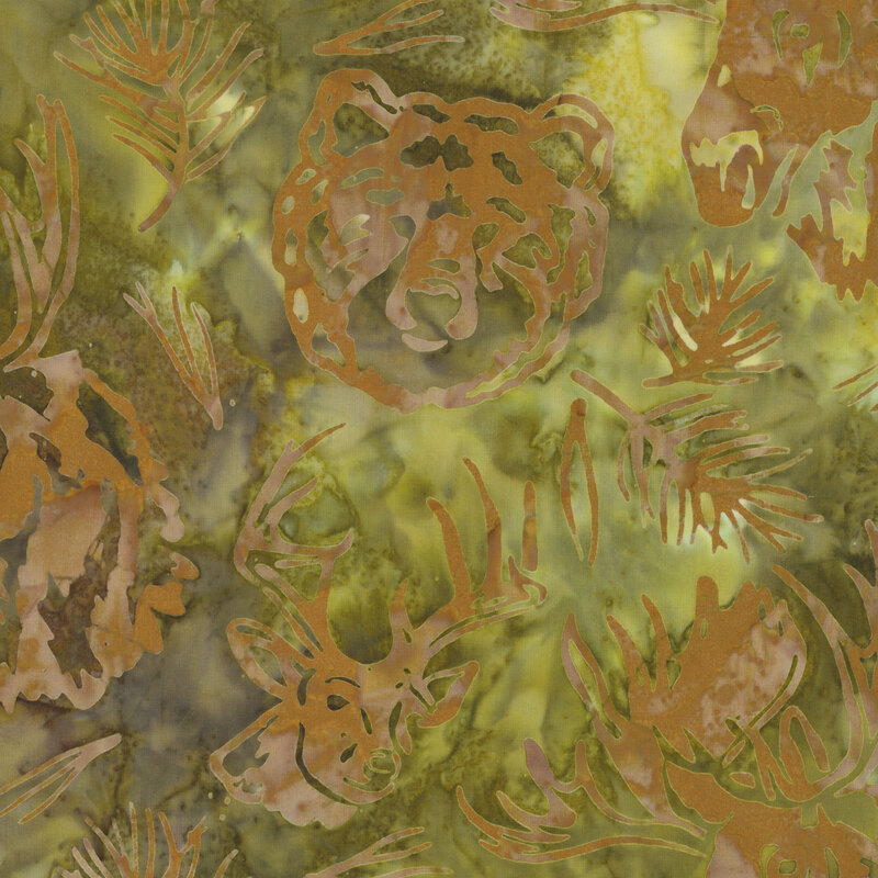 Pattern of dark silhouettes of forest animal heads included elk, deer, and bears, on a textured earthy green background.