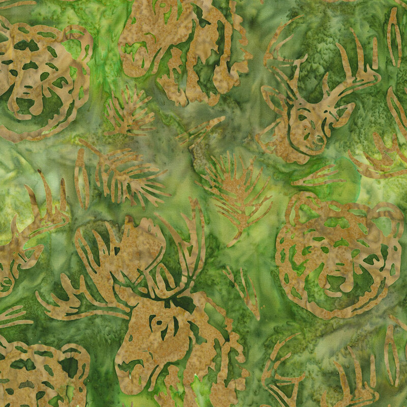 Pattern featuring animal silhouettes, including bears and deer, over a green, textured background.