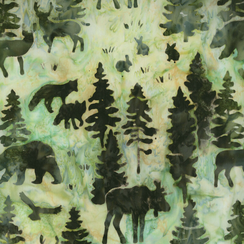 Pattern of dark green silhouettes of forest animals and trees on a textured light green and yellowish background.