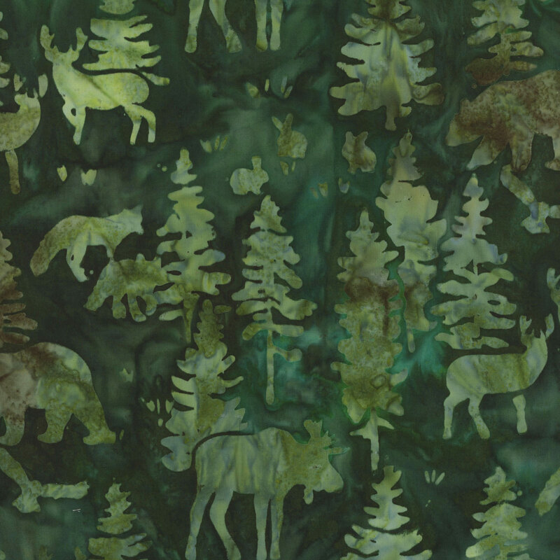 Pattern of medium green silhouettes of forest animals and trees on a textured spruce green background.