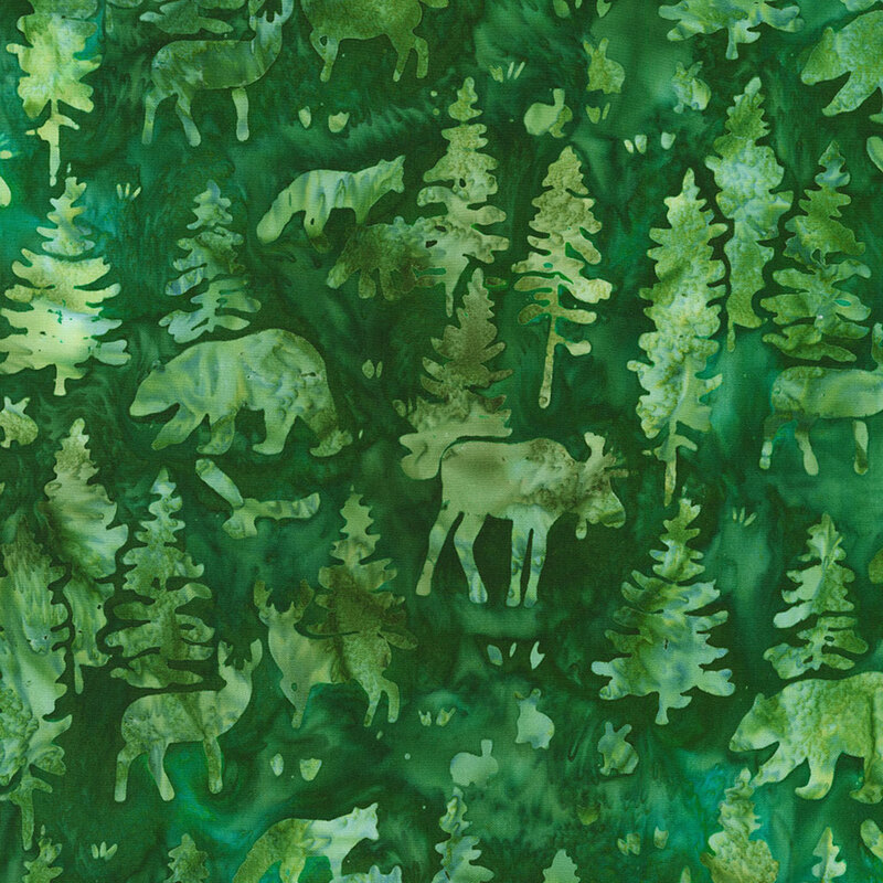 A green abstract pattern featuring silhouettes of various animals and trees in a forest scene.