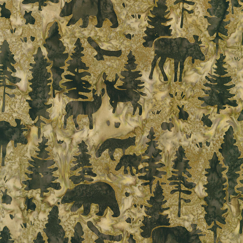 Seamless pattern of dark silhouettes of forest animals and trees on a textured green and gold background.