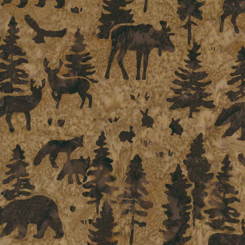 Pattern of dark silhouettes of forest animals and trees on a textured brown background.