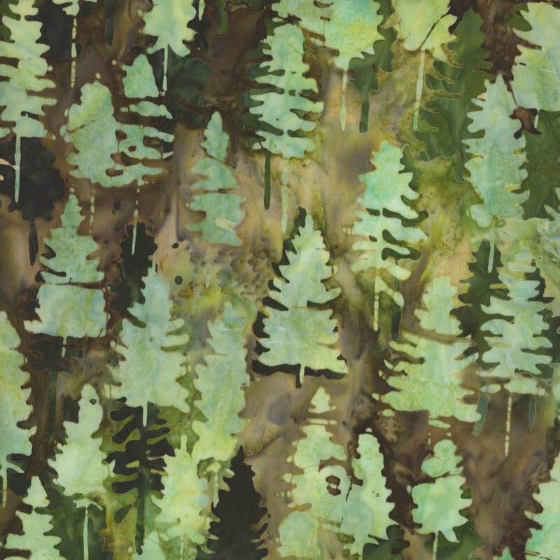 Mottled light green pine trees on a mottled brown and earthy green batik background.