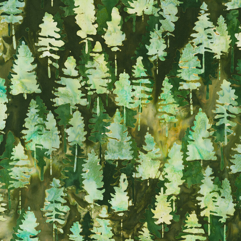 A vibrant pattern of green trees against a darker green background, creating a dense forest effect.