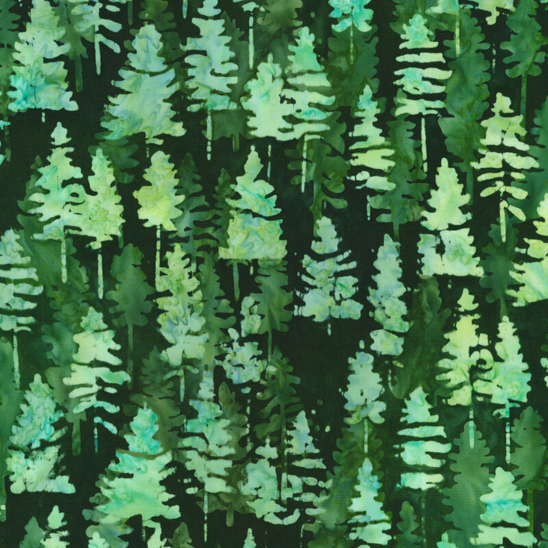 Watercolor illustration of various green pine trees on a dark green background, creating a forest pattern.