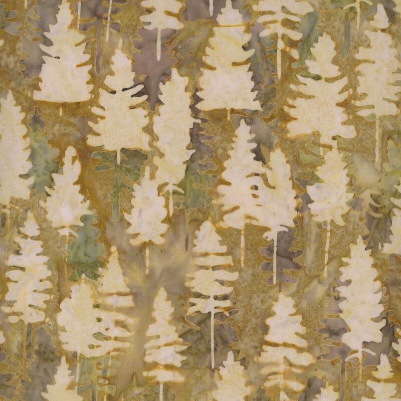 Mottled light tan pine trees on a mottled brown and earthy batik background.